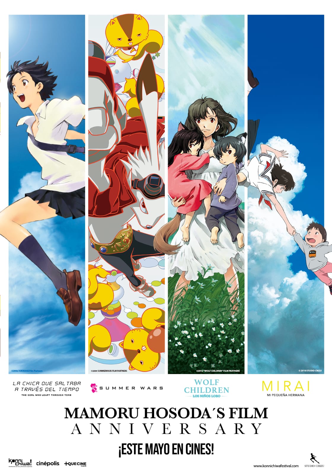 Póster oficial del Festival de Cine Mamoru Hosoda con personajes de Summer Wars, Wolf Children y Mirai.