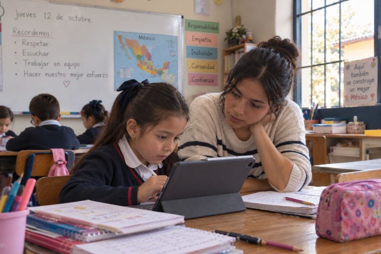 Alumnos de educación primaria en el aula trabajando con materiales didácticos y acompañamiento docente