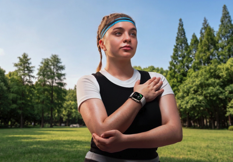 Deportista monitoreando su presión arterial y frecuencia cardíaca en muñeca con el reloj inteligente HUAWEI WATCH D3
