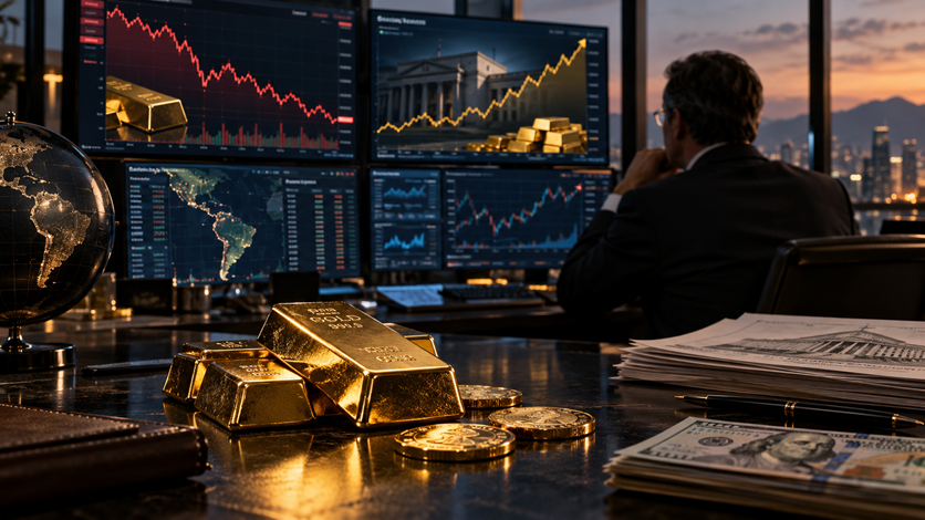 Paradoja del oro en 2026: Bancos centrales compran 289 toneladas mientras los ETF registran salidas por 45 toneladas, analiza JustMarkets Lingotes de oro y pantallas de análisis bursátil internacional sobre reservas de bancos centrales y fondos cotizados